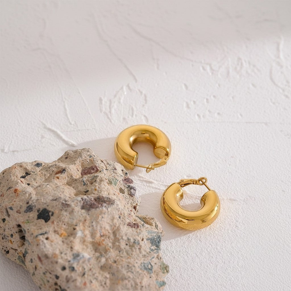 PRO RAY AENYA gold finish thick rounded hoop earrings, 25mm diameter. Modern statement jewelry.