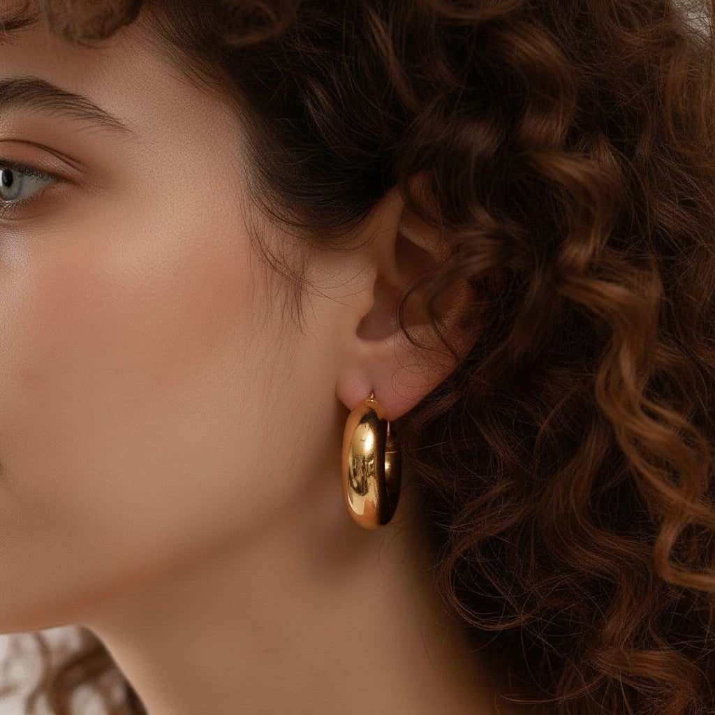 PRO RAY AENYA Hoops: thick rounded gold finish hoop earrings, 25mm diameter. Modern statement jewelry.
