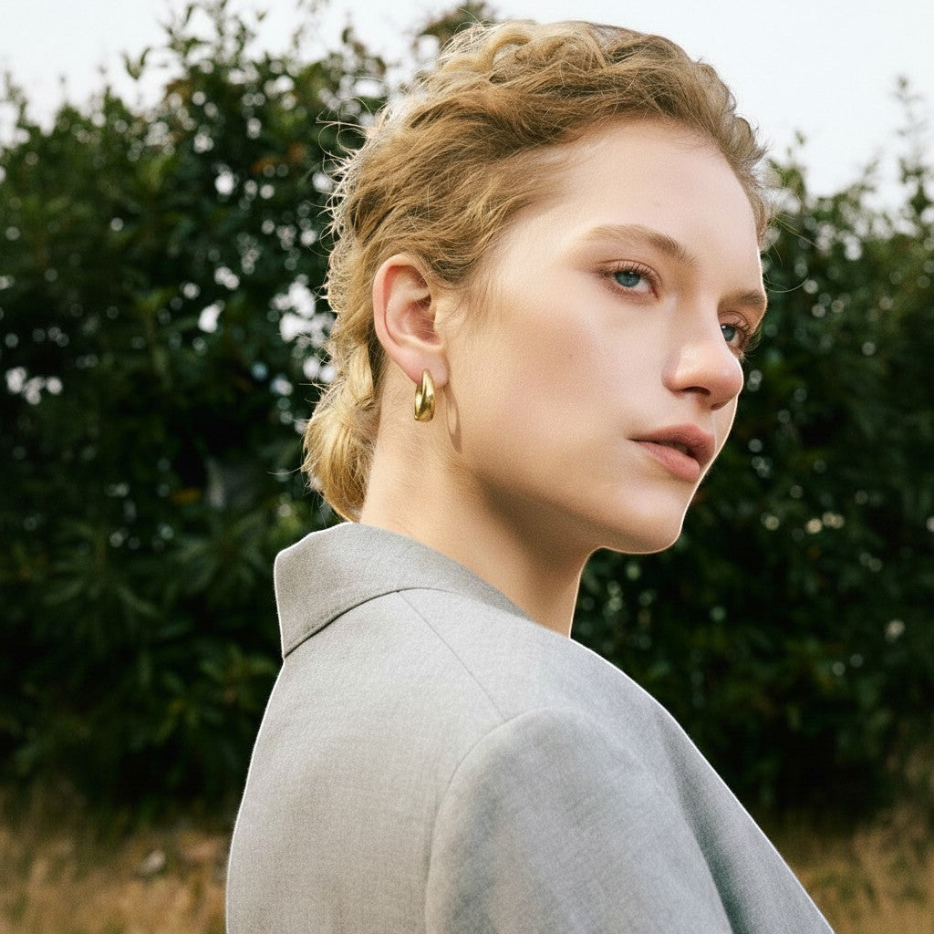 PRO RAY ARIA Hoops: polished gold sculptural earrings, 23mm diameter, designed for everyday wear.