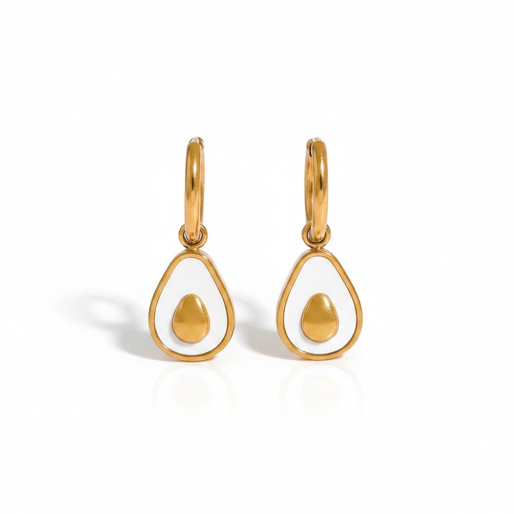 PRO RAY AVELA Drops gold hoop earrings with white avocado charm and gold pit detail.