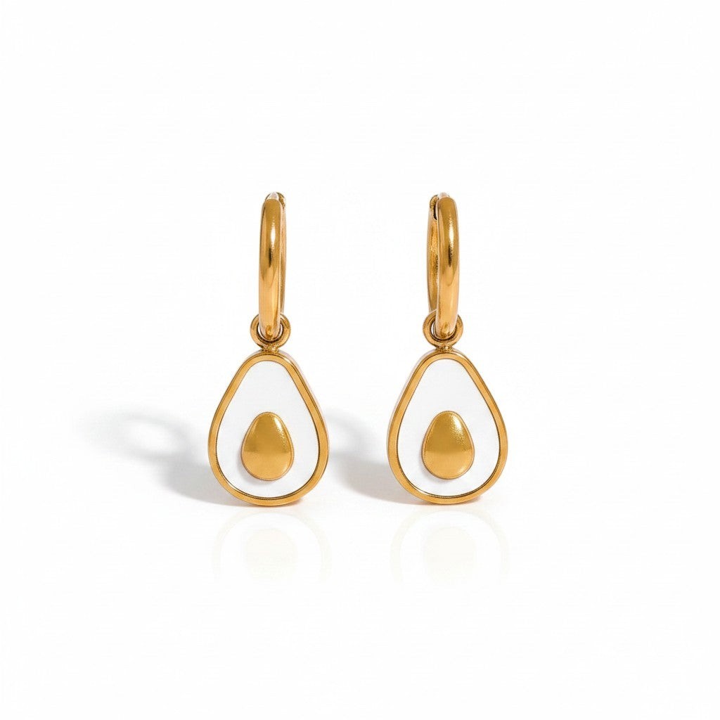 PRO RAY gold drop earrings with white enamel and gold avocado detail. 17mm diameter.