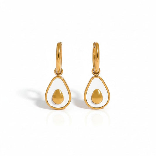 PRO RAY gold drop earrings with white enamel and gold avocado detail. 17mm diameter.