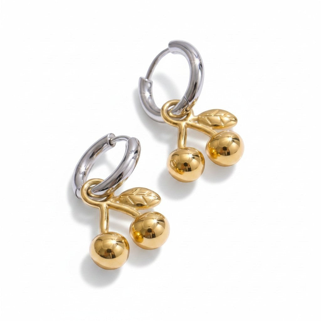 PRO RAY CERISE Hoops: Silver-tone hoops with gold cherry drop charms and leaf details.