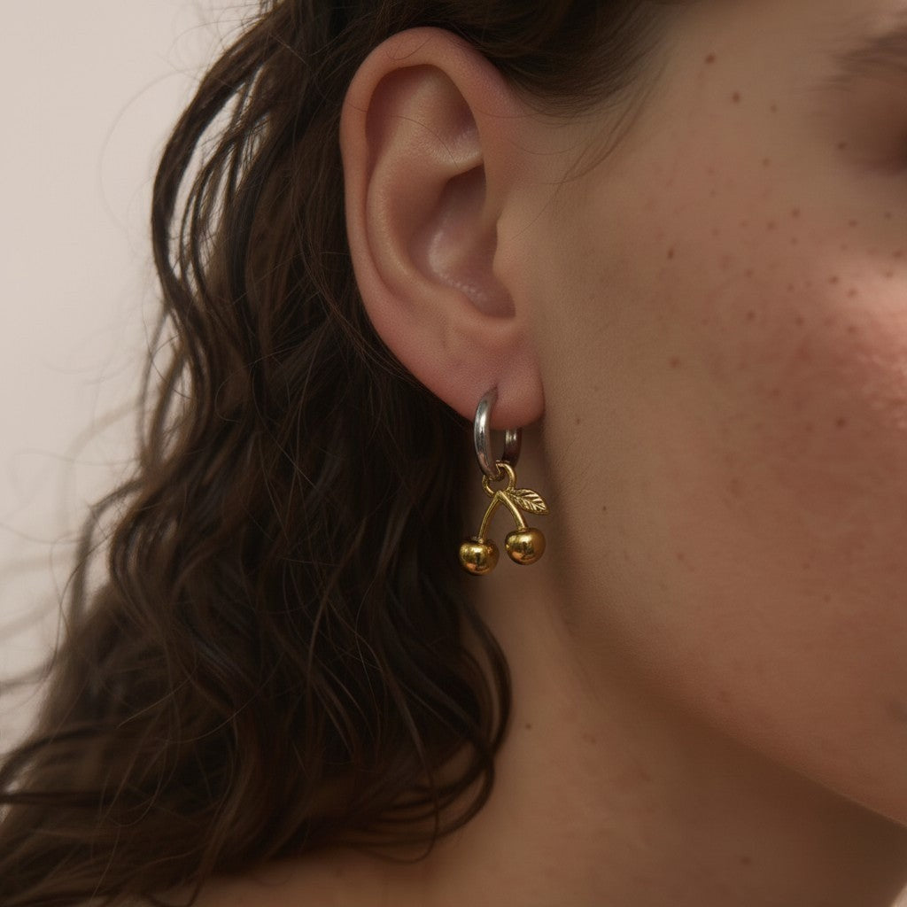 PRO RAY CERISE Hoops: elegant gold cherry drop earrings with silver hoops, 28mm length.