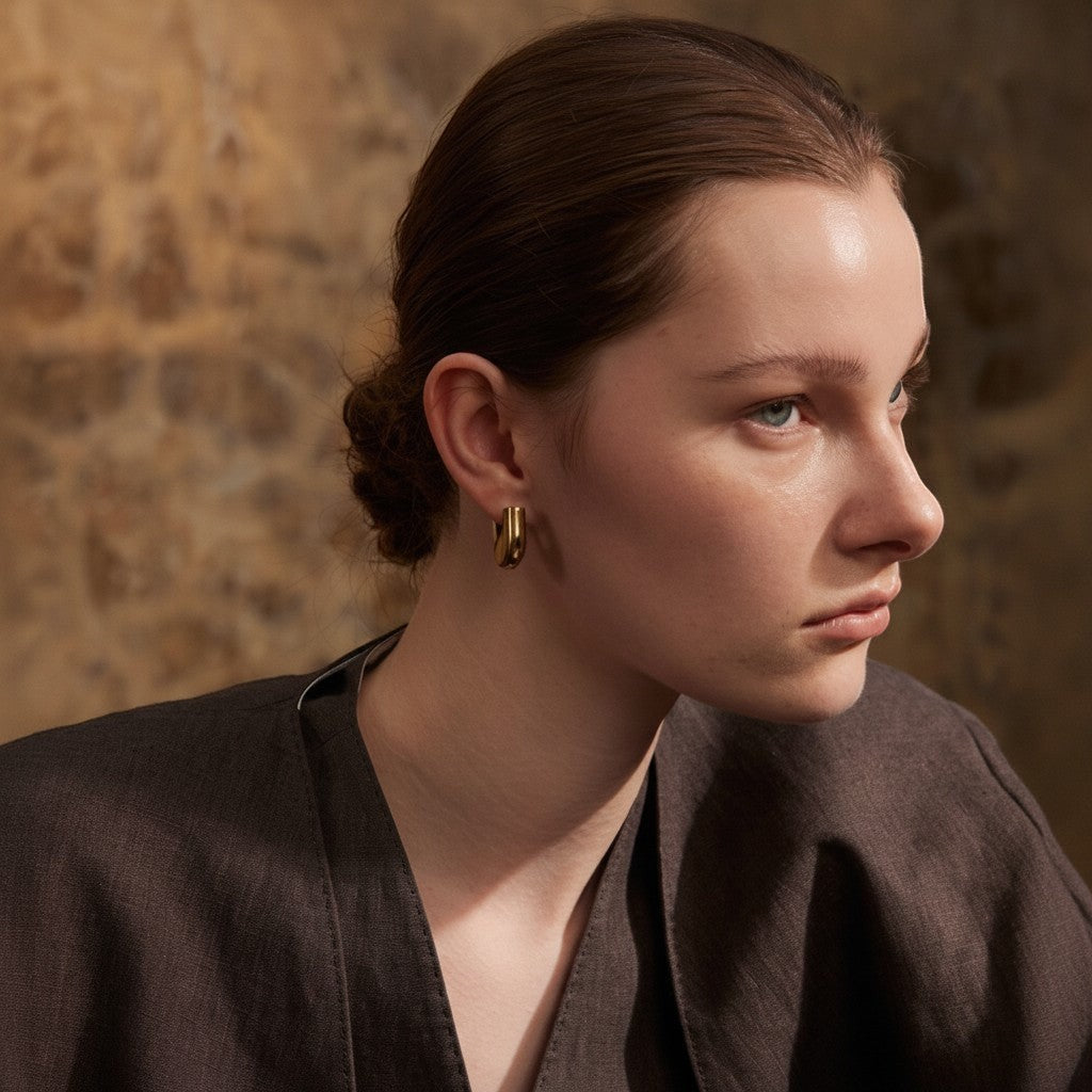 PRO RAY ELARA gold sculptural hoop earrings, 20mm diameter, worn by a model on a Vogue magazine cover.
