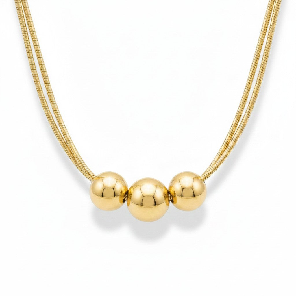 PRO RAY gold necklace with three polished beads on a double snake chain, 40cm + 5cm extension.