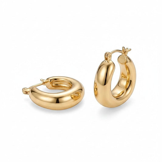 PRO RAY SOREYA sculptural gold-tone metal hoop earrings, 30mm diameter, smooth curved form.
