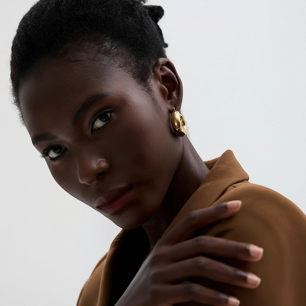 PRO RAY SOREYA sculptural gold hoops with a smooth curved form, 30mm diameter.