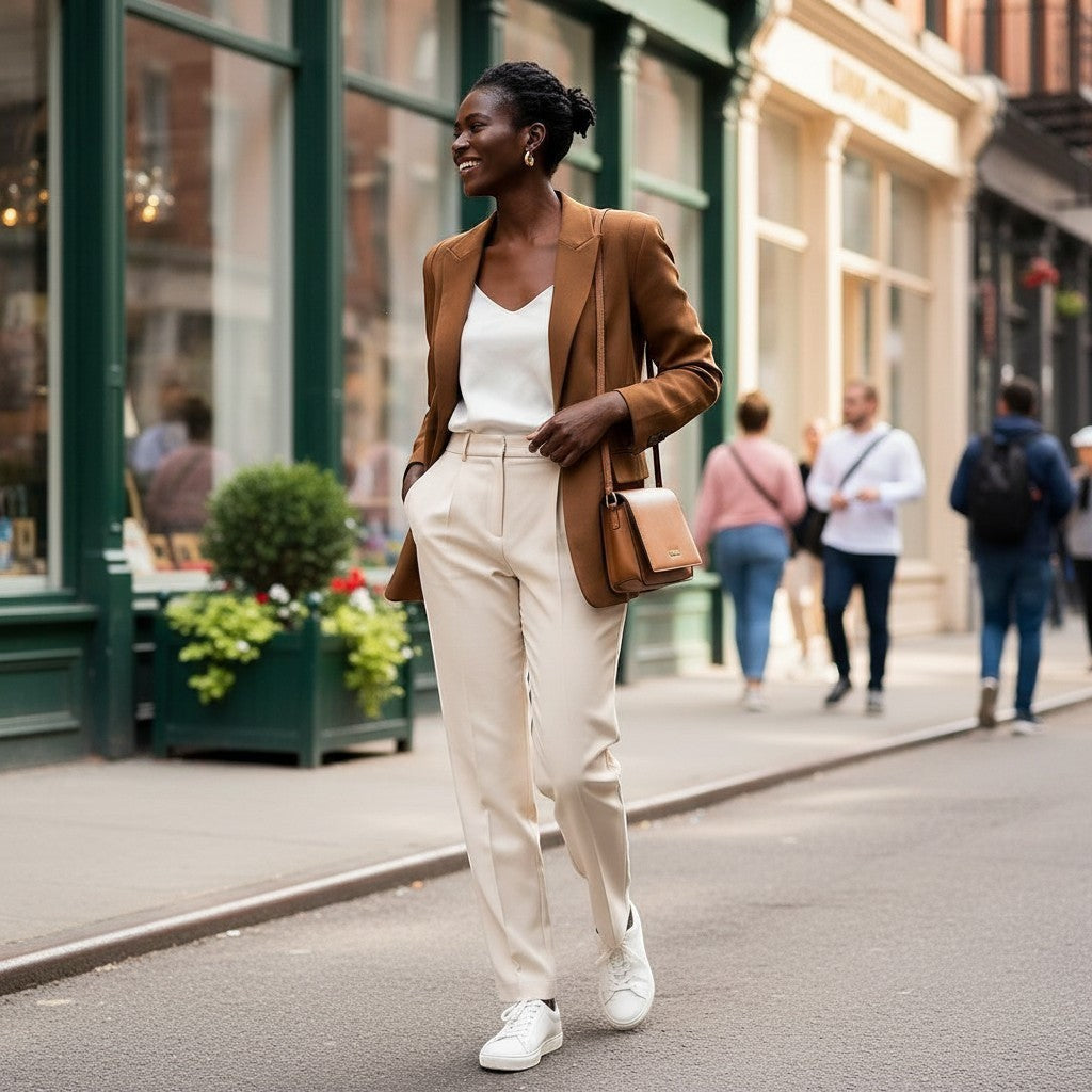 PRO RAY SOREYA sculptural gold hoop earrings with smooth curved form, 30mm diameter, worn by a model in a brown blazer.