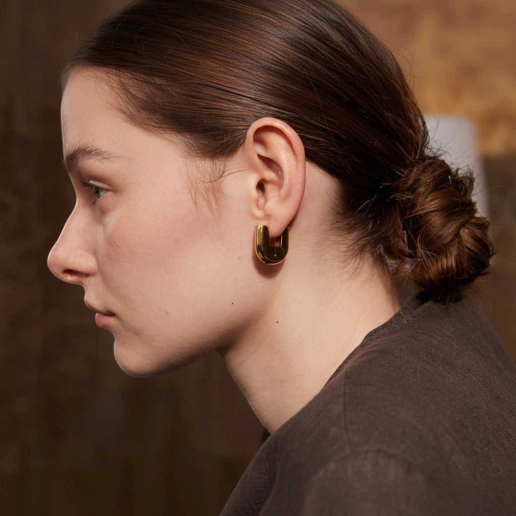 PRO RAY gold sculptural U-shaped hoop earrings worn by a model, 20mm diameter.
