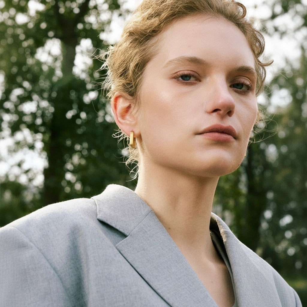 PRO RAY KAIA sculptural rectangular gold hoop earrings with polished finish on a model.