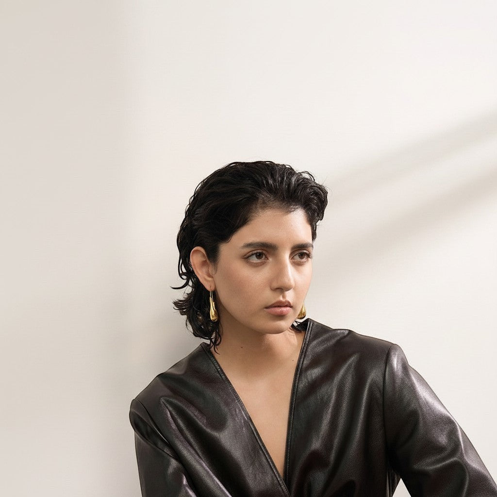 PRO RAY NYRA sculptural drop hoop earrings in polished gold finish, featuring a fluid elongated silhouette.