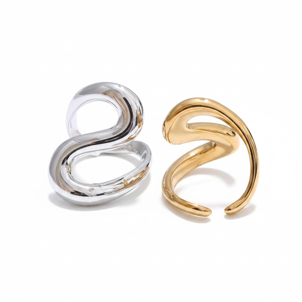 PRO RAY SORELLE open ring in silver and gold finishes with fluid curved lines and a modern silhouette.