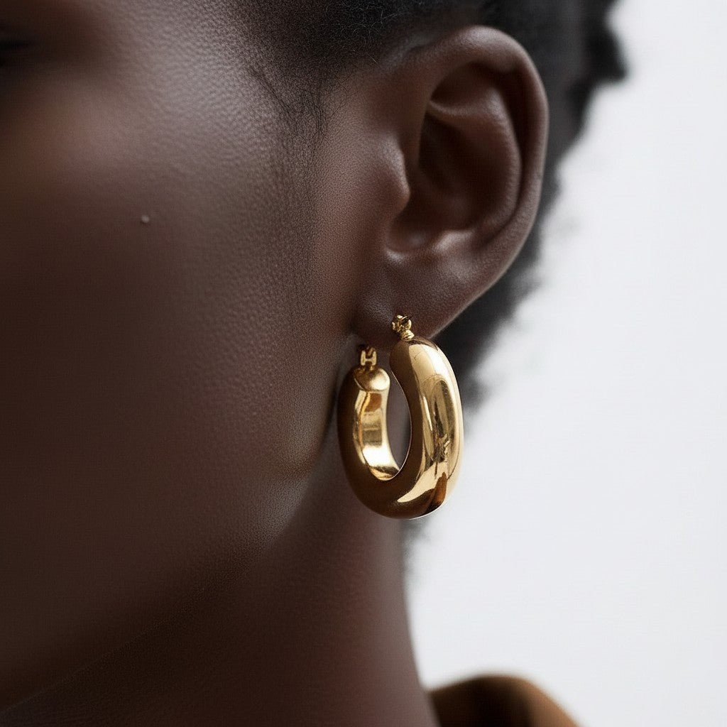 PRO RAY SOREYA sculptural gold-tone hoops with a smooth curved form, 30mm diameter.