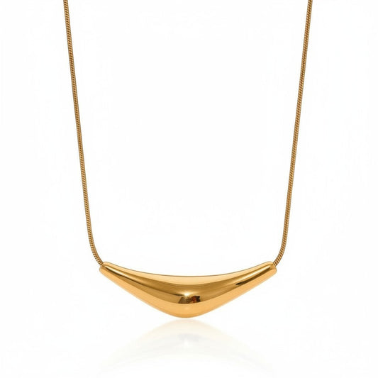 PRO RAY VIRA gold sculptural statement necklace with fluid design, 45mm pendant, 40cm chain.