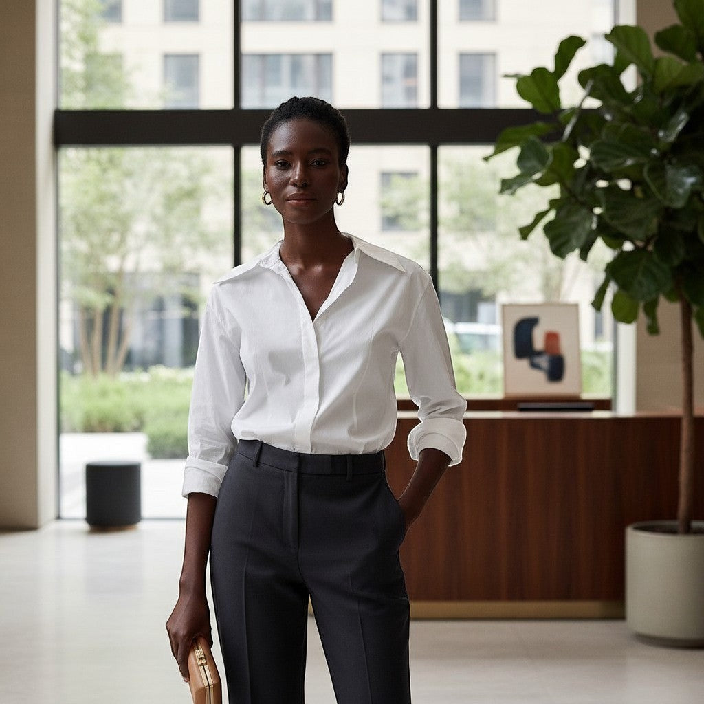 PRO RAY ZARIA gold twisted hoop earrings with a sculptural silhouette on a model wearing a white shirt.