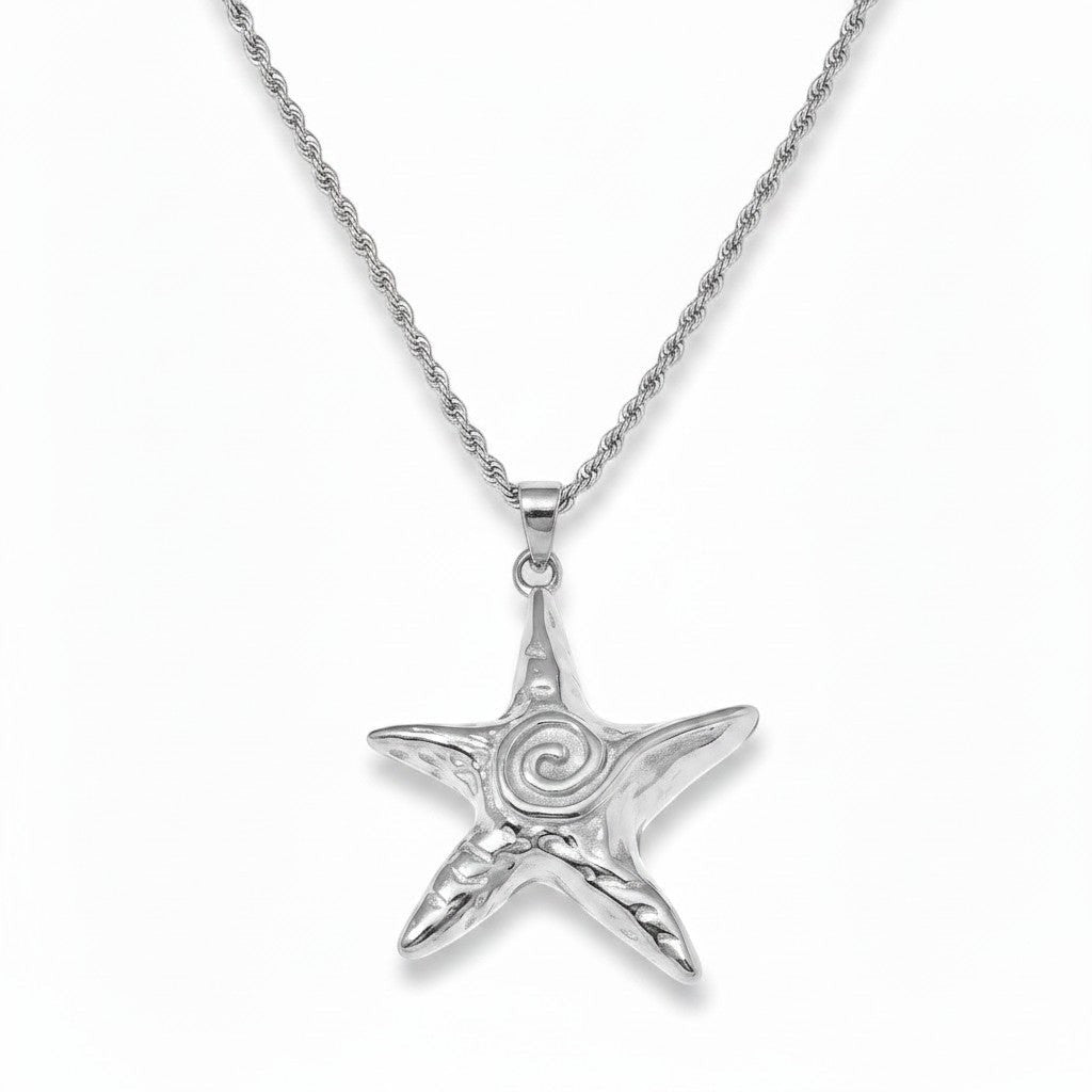 PRO RAY ZOREYA silver-tone star pendant necklace with rope chain, featuring sculptural detailing and a central spiral.